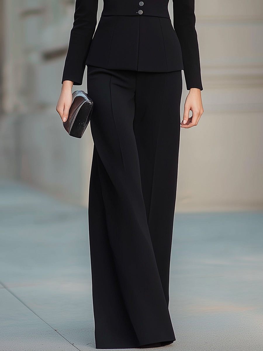 Tailored Pleated V-Neck Blazer And Wide-Leg Trouser Set