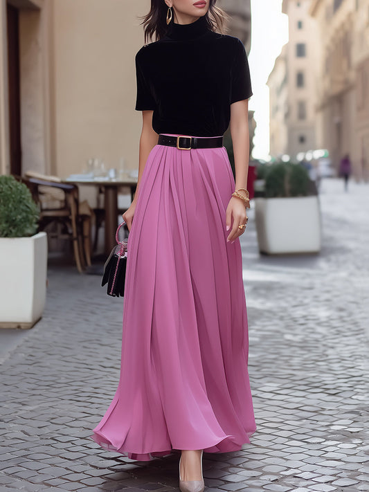 Velvet Mock-Neck Top & Flowing Maxi Skirt Set