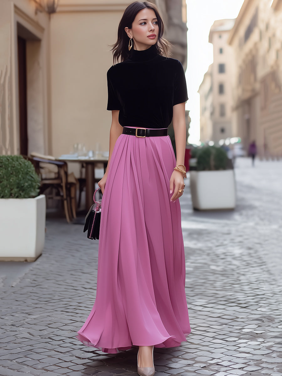Velvet Mock-Neck Top & Flowing Maxi Skirt Set