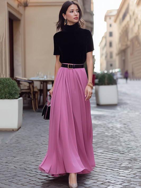 Velvet Mock-Neck Top & Flowing Maxi Skirt Set