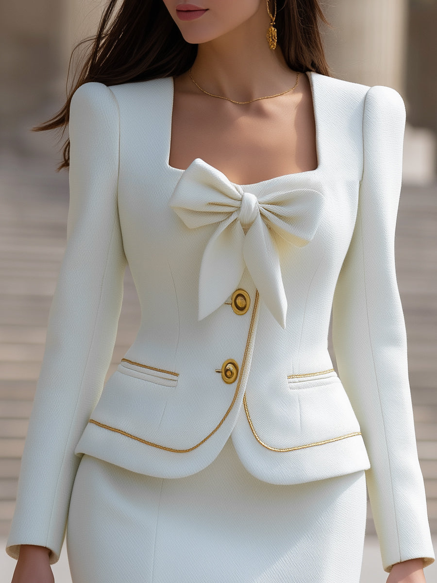 Structured Bow-Front Blazer & Skirt Set With Gold Piping