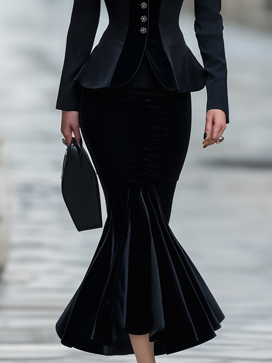 Elegant Velvet Tailored Peplum Blazer And Mermaid Skirt Set