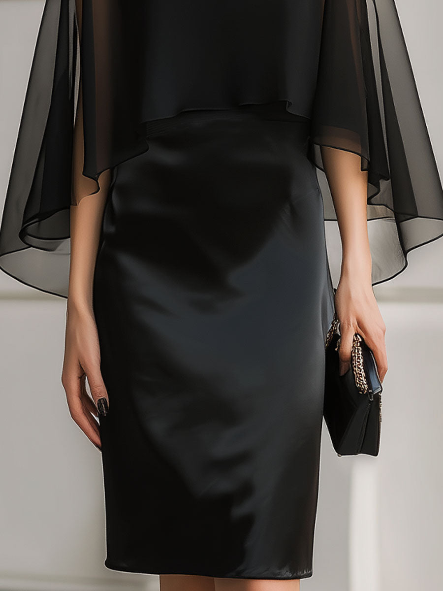 Mooyius Sheer Capelet Satin Slip Dress Set