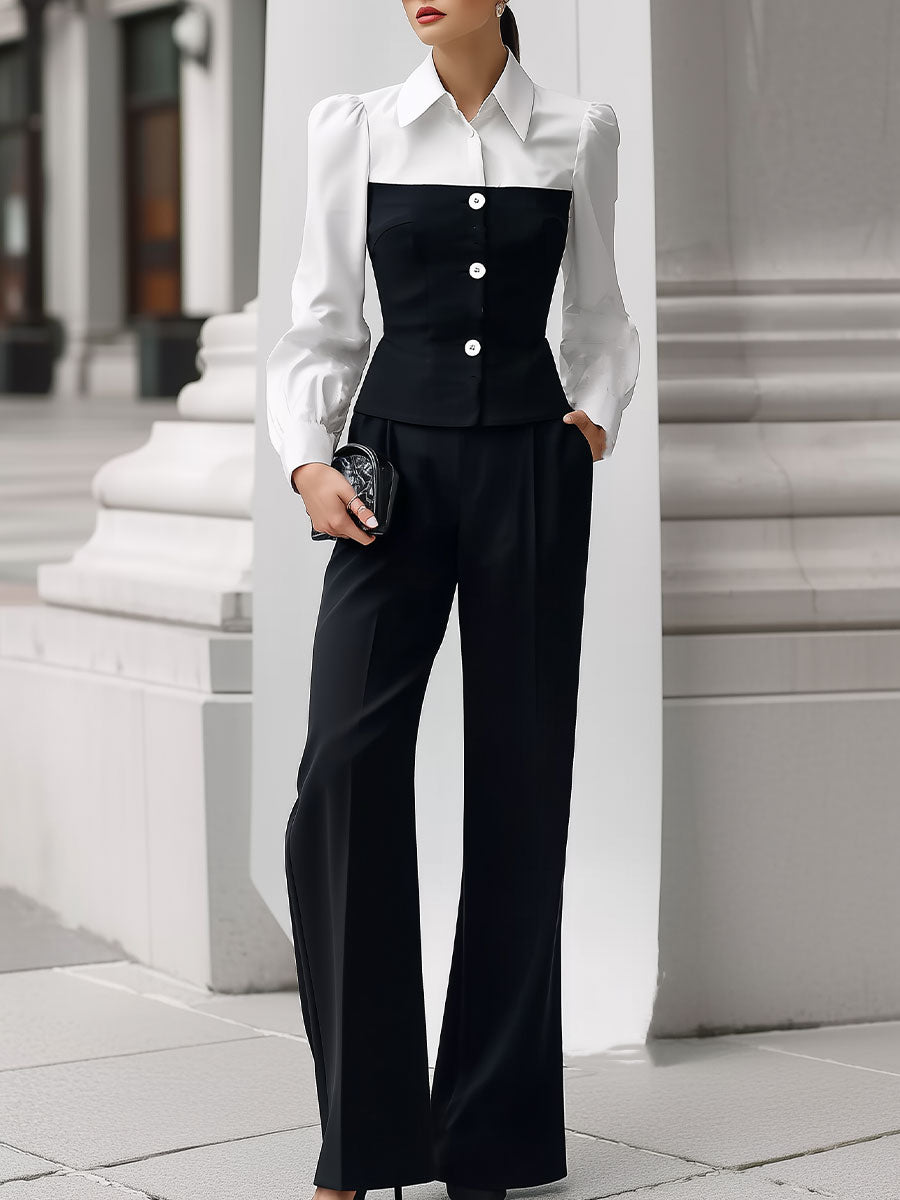 Mooyius Color-Block Puff Sleeve Shirt & Wide-Leg Trouser Set