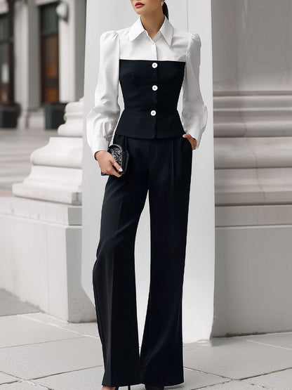 Mooyius Color-Block Puff Sleeve Shirt & Wide-Leg Trouser Set