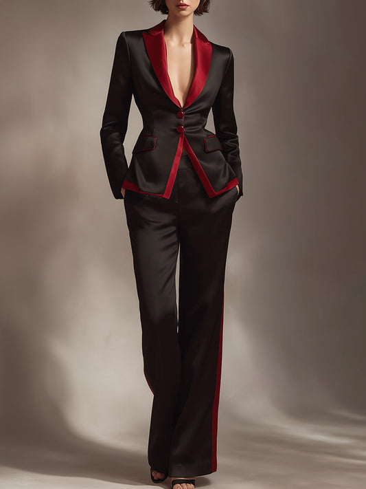 Black And Red Contrast Satin Tailored Pantsuit