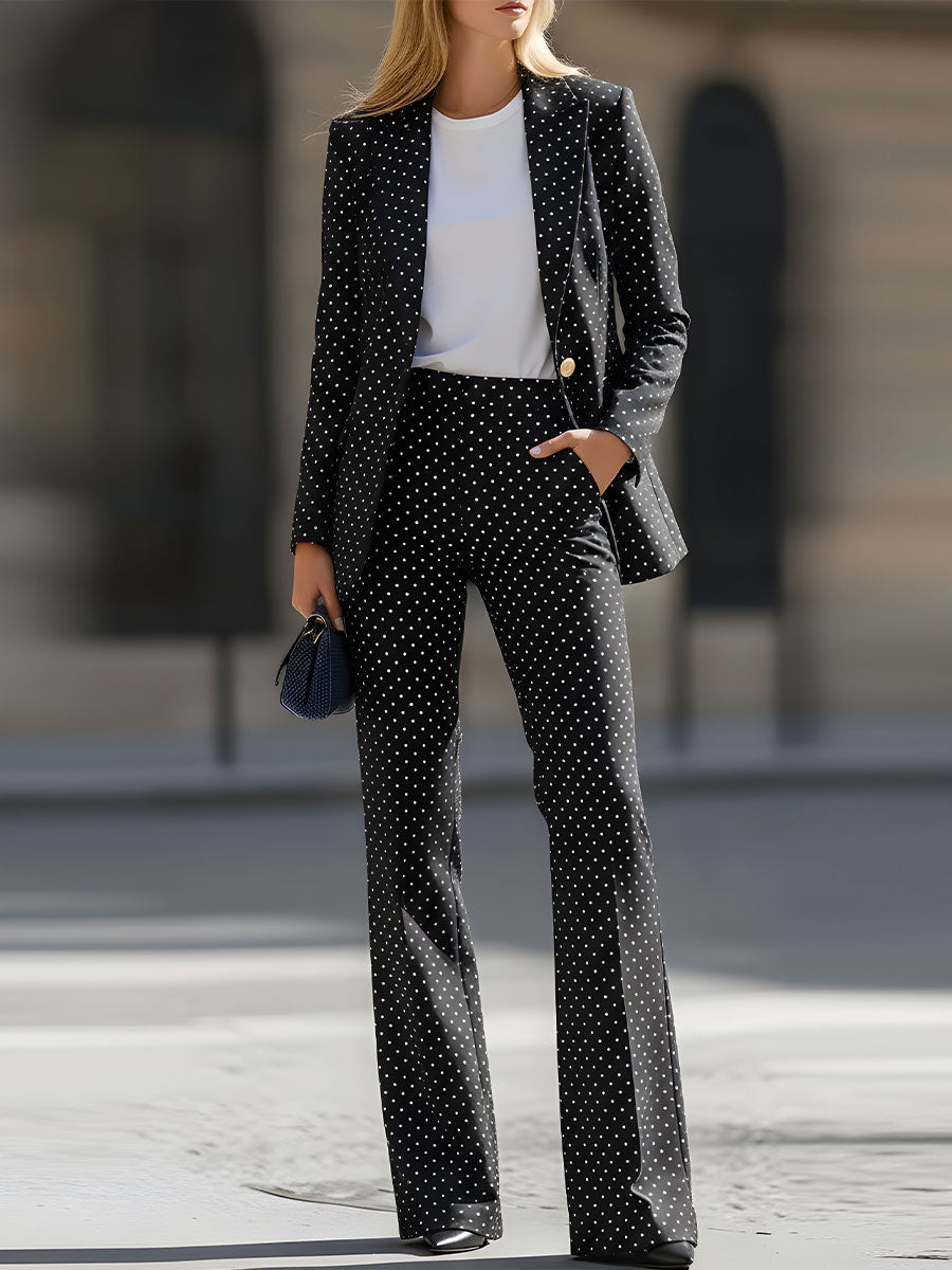 Chic Black Polka Dot Tailored Suit Set