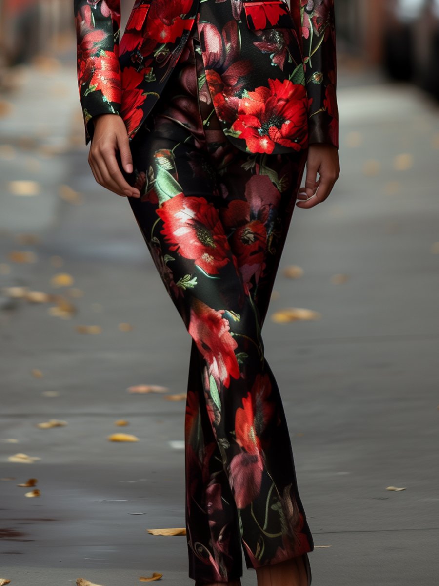 Bold Red Poppy Floral Printed Satin Suit