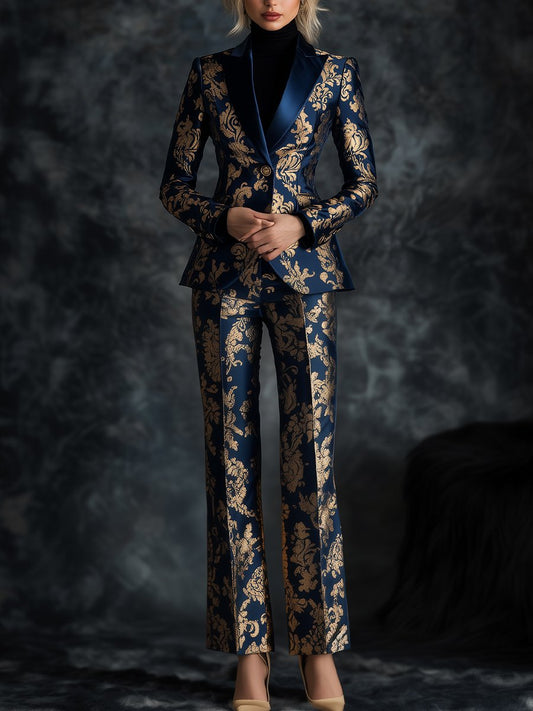 Opulent Royal Blue Satin Suit with Golden Ornate Motifs Printed